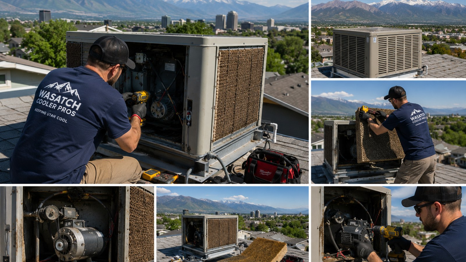 Technician repairing a rooftop swamp cooler with the Wasatch Mountains in the background